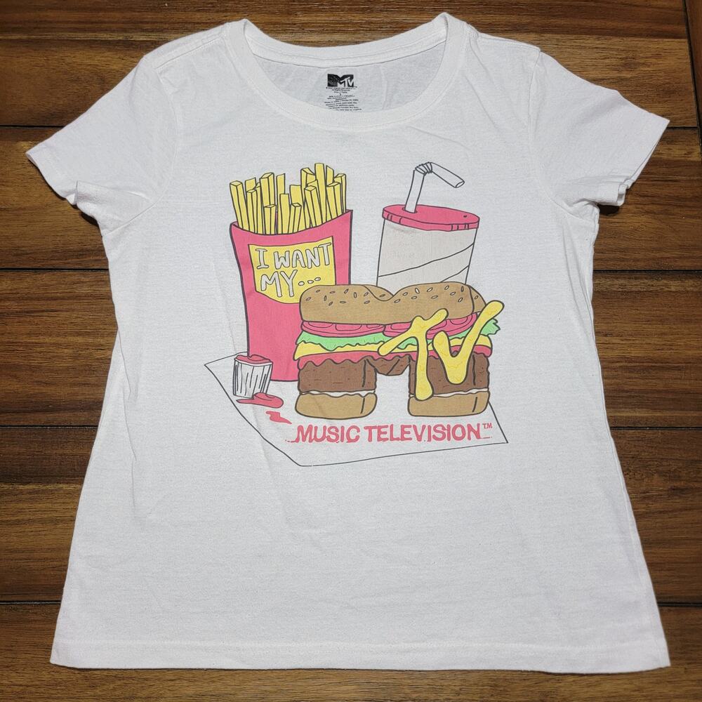 MTV Junior White Tee "I Want My MTV" Fast Food - Size Junior Large